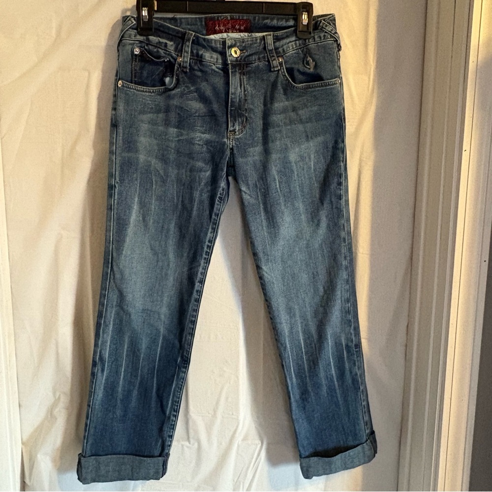 Vintage Retro Y2K Women's Baby‎ Phat Cuffed Crop Jeans Sz 7 Whiskers Embroidered